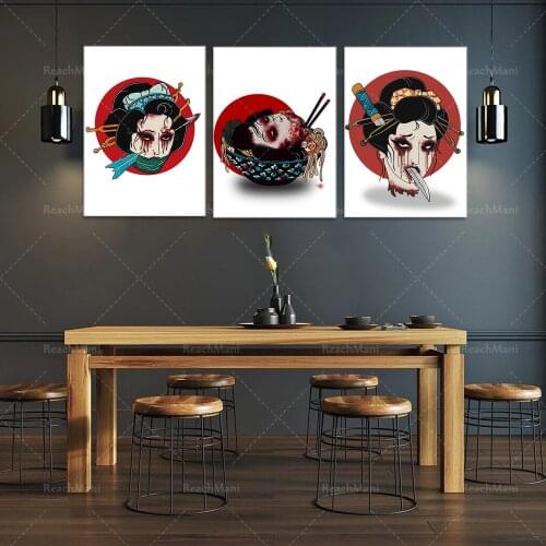 Art japonais Namakubi, nouilles éperonnage, affiches de geisha, impression d'art, décapitation, décoration murale, illustrations