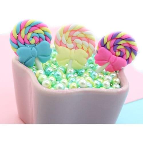 Kawaii Resin Cabochons 10pcs Cute Ribbon Knot Bow Decorated Colorful Lollipop Candy Patch sticker Phone Shell Earring Charm DIY