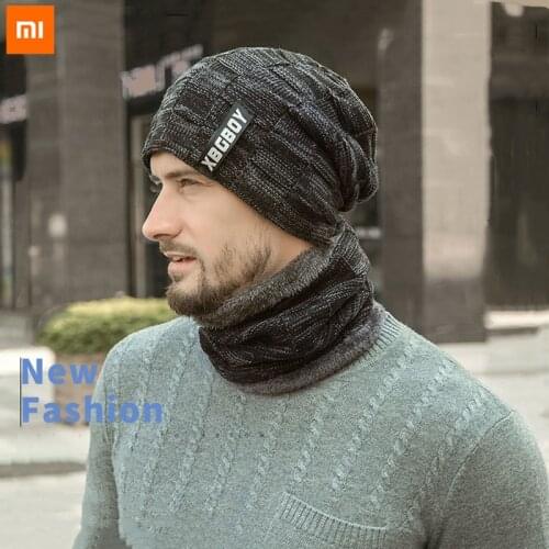 Xiaomi Neck Warmer Knitted Hat Scarf Set Fur Wool Lining Thick Warm Knit Beanies Balaclava Winter Hat Men Cap Casual 1 set