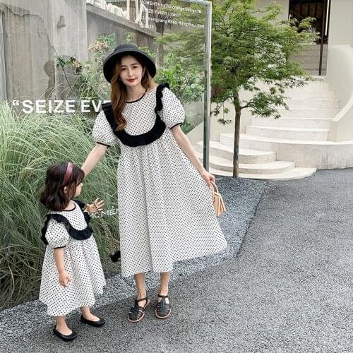 Summer france style dot short sleeve princess dress MOM and me cotton casual lace trimmed drsses mommy and me clothes