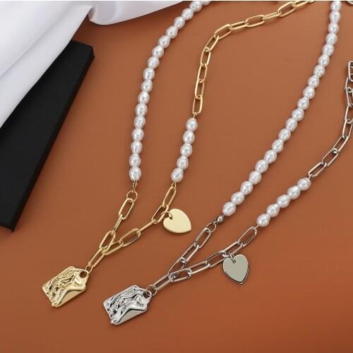 Lifefontier Vintage Heart Geometric Face Pendants Choker Necklace Baroque Irregular Pearl Metal Chain Necklace for Women Jewelry