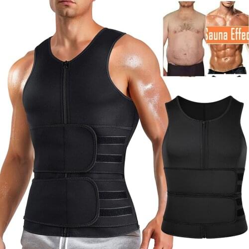 Men Neoprene Sauna Zipper Waist Trainer Vest Workout Tank Top Trimmer Sweat Body Shaper with Two Belt Compression Shapewear