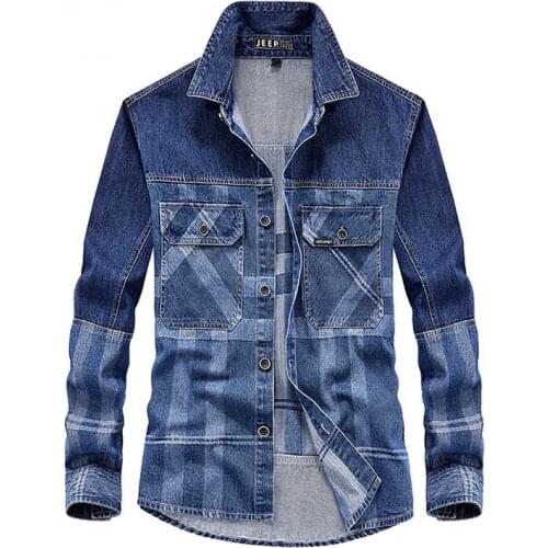 Mcikkny Men Fashion Plaid Denim Shirt Long Sleeves Black Patchwork Jeans Shirts Multi Pockets Plus Size L-5XL