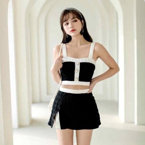 New Sling Tube Top Black And White Elegant Short Skirt Pearl Embellished Swimwear Hot Spring Vacation Swimsuit Three-Piece Suit