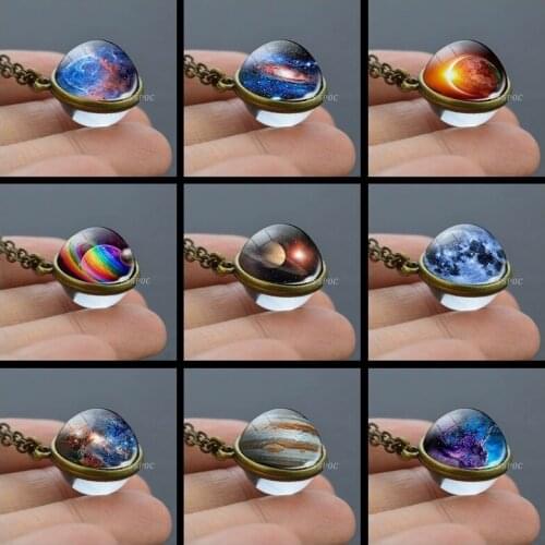 Charm Double Sided Planet Crystal Stars Ball Glass Pendant Galaxy Nebula Necklace for Birthday Gift for Kid& adult
