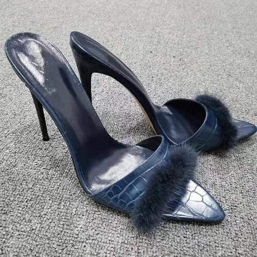 Charming Ladies Navy Blue Rabbit Fur Decor High Heel Slipper Pointy Peep Toe Thin Heels Stone Leather Summer Party Sandals Shoes