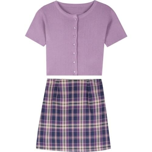 PERHAPS U Women Knitted Purple O-neck Top Mini Plaid Skirt Two Pieces Set Summer T0426