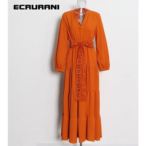 ECRURANI Lace Up Vintage Dress For Women V Neck Long Sleeve High Waist Patchwork Bowknot Ankle Length Dresses Females 2021 Style