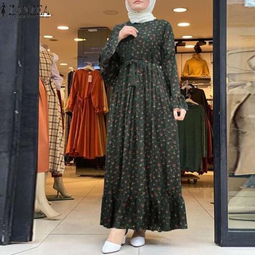 ZANZEA Vintage Women Dubai Turkey Abaya Hijab Dress Islamic Clothing Long Sleeve Ruffles Sundress Robe Floral Printed Maxi Dress