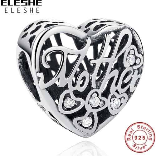 Authentic 925 Sterling Silver Beads Crystal CZ Openwork Mother Heart Charm fit Bracelets & Bangles DIY Original Jewelry