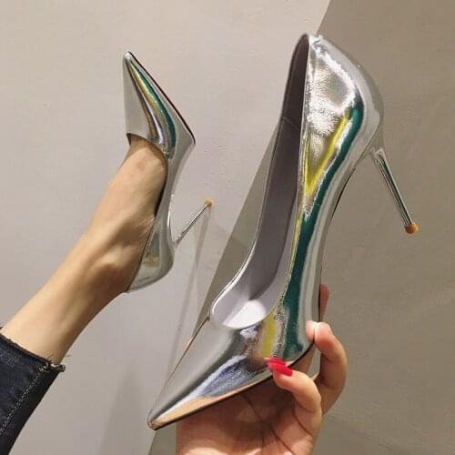 10CM Shoes Woman 2021 Luxury Designer Women Sexy Patent Leather High Heel Shoes Thin Heeled Autumn Silver Shallow Mouth Pointed