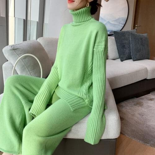 Womens high collar knitted wide leg pants two piece set new 2021 spring sweet women knitwear set