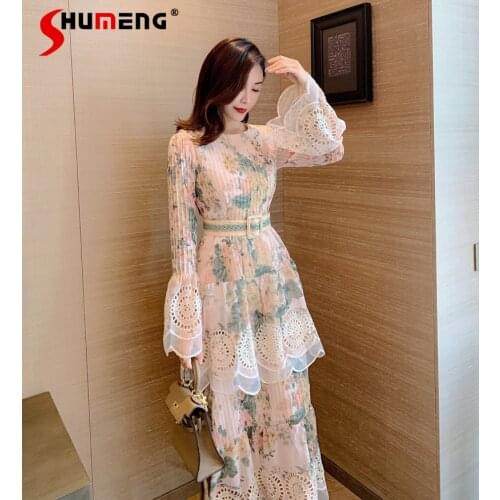 French Style New Zipper High Waist Round Neck Long Sleeve Dress for Women 2021 Spring Sweet Printed Lace Mid-Length Dress Female