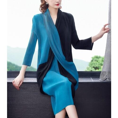 COIGARSAM Women dress Pleated Panelled V-Neck Dresses Gray Red Peacock Blue Fruit Green 0868