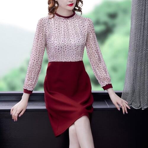 Women Red Polka Dot Patchwork Midi Dress Spring Autumn Korean Fashion Casual Vintage Robe 2021 Elegant Bodycon Office Lady Dress