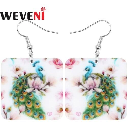 WEVENI Acrylic Square Elegant Peacock Peafowl Earrings Big Print Wild Bird Animal Dangle Drop Jewelry For Women Kids Charm Gift