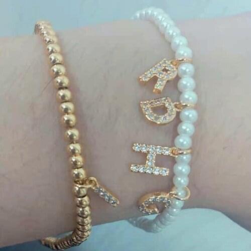 White cz tiny gold initial 26 alphabet letter choose unique name charm pearl beaded bracelet for women wedding gift 2020 jewelry