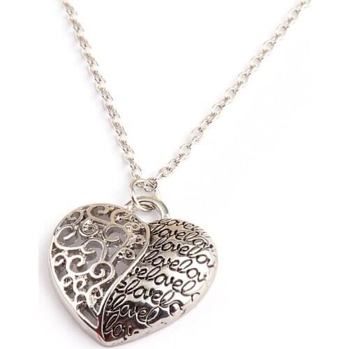 Free Shipping Fashion Vintage half hollow half love letter alloy Heart rhodium plating women necklace