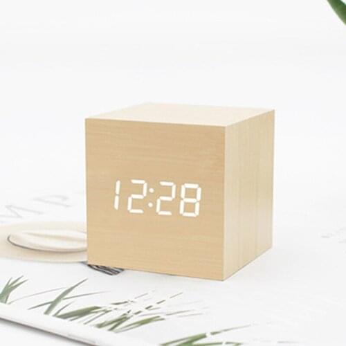 Digital Square LED Alarm Clock Wood Retro Clock Desktop Table Decor Voice Control Snooze Function Desk Wooden Art Alarm Clock