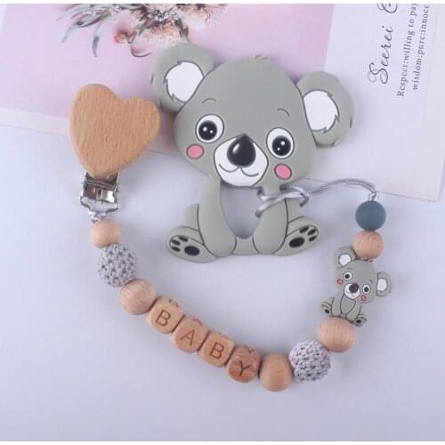 Baby Wood Beads BABY Letter Cute Cartoon Animal Pacifier Chain Clip New Silicone Pacifier ChainTooth Glue Anti-lost Chain