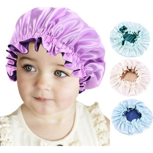 Reversible Satin Bonnet for Kids Double Layer Silky Day Night Sleep Cap Children Head Wrap Hat Hair Accessories Solid Color