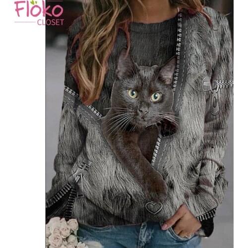 Flokocloset Cat Zipper Print Round Neck T Shirts for Women Casual Autumn Spring Long Sleeve Cute Tops Tee