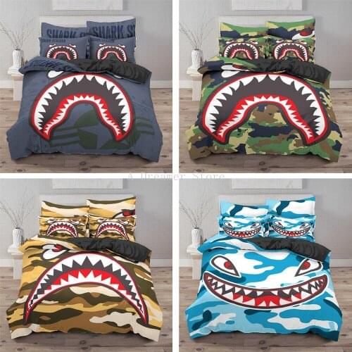 Cartoon Animal Shark Mouth Duvet Cover Bedding Set Kids Boys Blue Comforter Bed Cover Set Bedclothes Kids Quilt Set (NO Sheet)