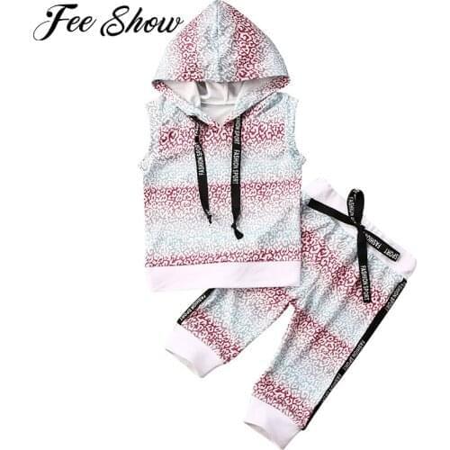 Summer 2Pcs Exercise Sport Sets Toddler Kids Tracksuits Camouflage Print Sports Suit Hooded Hoodie Sleeveless Top and Pants Set