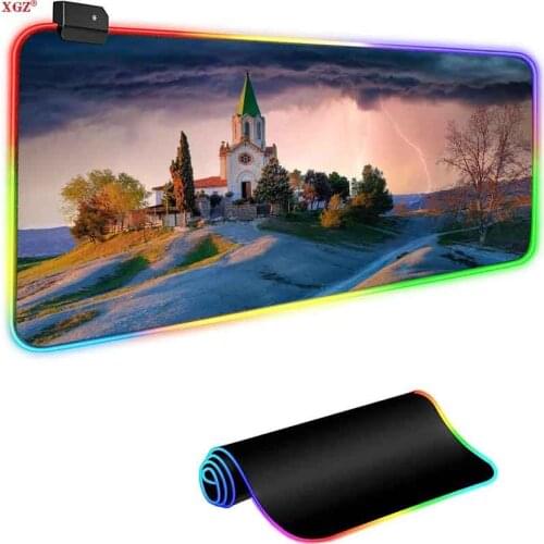 XGZ Castle RGB Mouse Pad Gaming Keyboard Pad XXL Home Office Desk Pad LED Lightweight Non-slip Natural Rubber Pad 300x800mm Cs