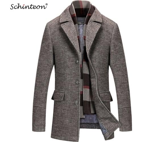 2019 Schinteon Men Wool Jacket Casual Woolen Trench Coat Slim Outwear Warm Garment with Removable Scarf M-5XL