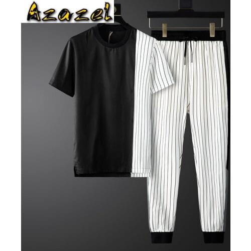 Azazel Summer Mens Sets (t-shirt+pants) Luxury Black White Splicing Stripe Short Sleeve Male Sets Fashion Slim Fit Male Sets 3XL