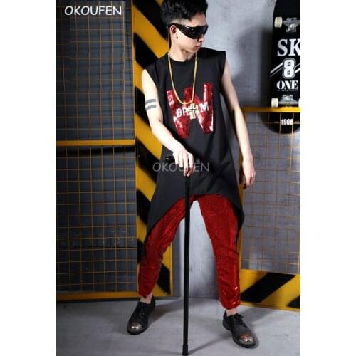 Man Novelty Vest Costumes Red Sequin Black shirt Costumes Stage show Red bling Pants Bar singer DJ party performance wear