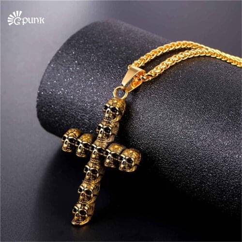 Punk skull skeleton cross necklace for men retro design Biker jewelry with chain P2495G