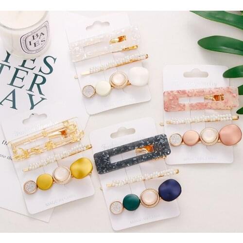 2020 New 3 Pcs/Set Women Girls Acrylic Hollow Rectangle Hair Clips Tin Foil Sequins Hairpins Pearl Barrettes Hair Accessories