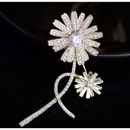 OKILY Elegant Flowers and Plants Brooches Accessories for Winter Coat Hat Scarf Micro Pave Zirconia Daisy Flower Broochpin Gift