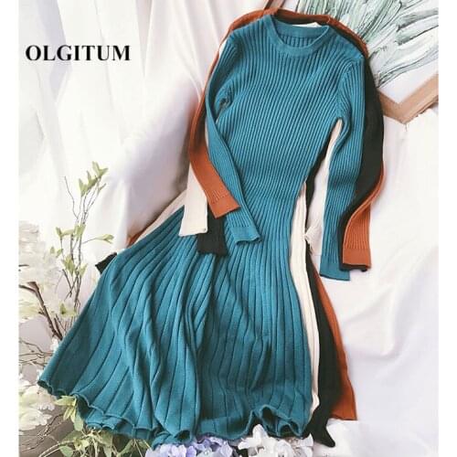2019 Autumn Winter Sweater Dress Vintage A-Line Women Knitted Dress Slim Ladies Long Sleeve Basic Sweater And Pullover femme