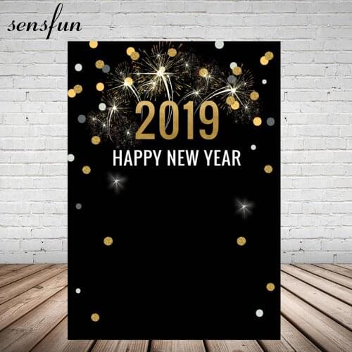Sensfun Happy New Year 2019 Backdrop Black Gold Glitter Dots Fireworks Photography Backgrounds For Photo Studio 5x7FT Vinyl