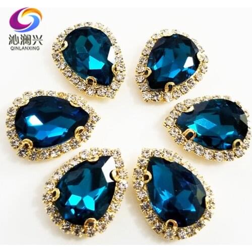 Peacock blue Golden bottom Top grade Glass Crystal buckle,Drop shape sew on rhinestones,Diy wedding decoration 10pcs/pack SWSK13