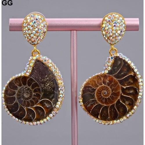GuaiGuai Jewelry Natural Ammonite Conch Fossils CZ Pave Stud Earrings For Women