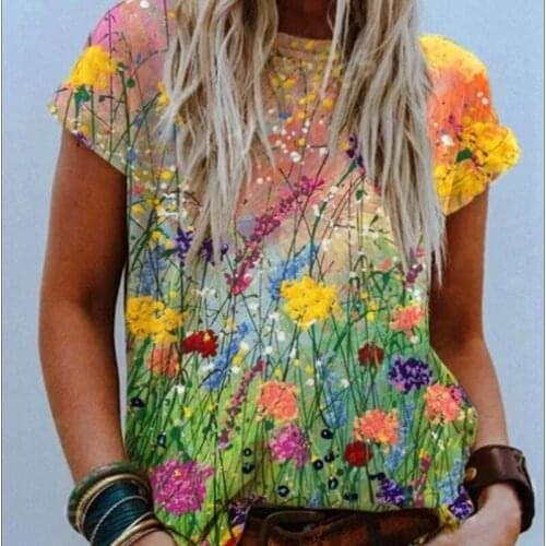 Fashion Womens Summer Round Neck Casual Loose Floral Printed Flower T Shirt Tie Dye Tops Short Sleeve