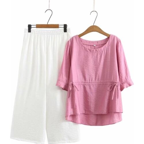 Plus size solid color short sleeve tshirts and white pants women sets 2021 new summer casual ladies 2 pieces women sets female