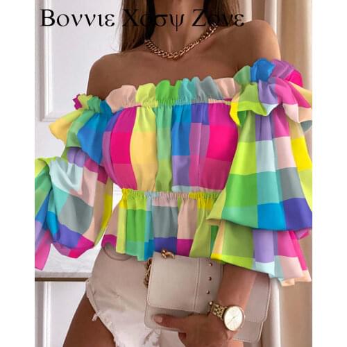 Colorful Plaid Off Shoulder Frill Hem Top 2021 Elegant Femme Puff Sleeve Corset Blouse Lady Outfits y2k Tunics