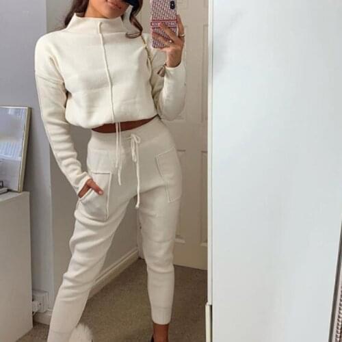AIYANGA 2021 Two Pieces Set Women Tracksuit Stand Collar Crop Top Sweatshirt + High Waist Pants Pullover Sets CHIC Outfit