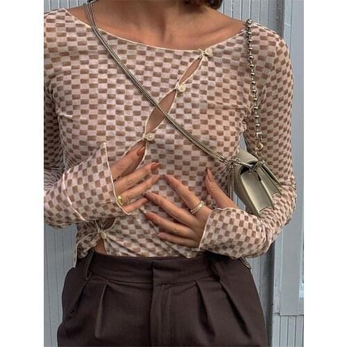 Tossy Casual grid Hollow Out Crop Top For Women Long Sleeve Sexy O Neck Pullover Slim Slant Button T Shirts Y2K 2021 Autumn