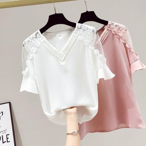 2021 Summer Tops Blouse Splice Lace V-neck Short Sleeve Chiffon Blouse Women Elegant Korean Loose Slim New Ladies Tops Pink