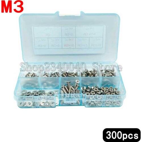 300pcs M3*5/6/8/10/12/16mm length 304 stainless steel hexagon screw nut washers set Flat head screw Kit with plastic box