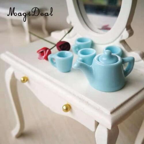 5 Pieces 1/12 Dollhouse Miniatures Dining Ware Porcelain Tea Cup Set Kitchen Accessory Blue