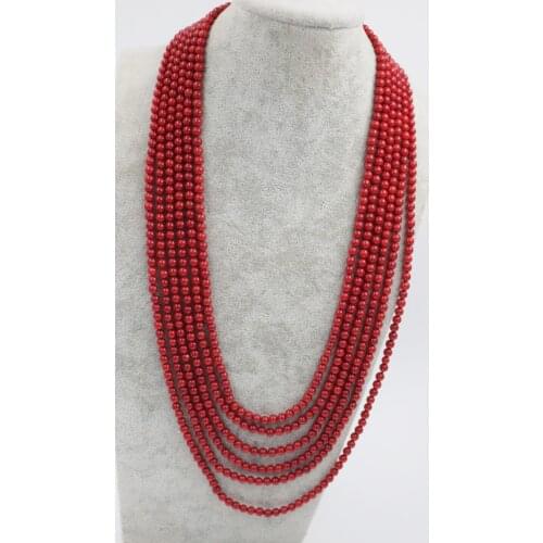 6rows coral red round 5-6mm 28-34" necklace nature loose beads FPPJ wholesale