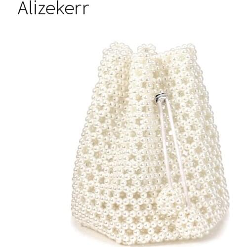 Hollow Out Pearl Bucket Handbag Women Handmade Beaded String Small Evening Clutch Shoulder Bag Ladies Exquisite Dinner Purses