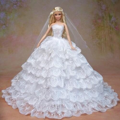 White Wedding Dress + Veil + Bouquet/set Multi-layers Lace Big Bride Gown Clothing Outfit Clothes For 1/6 Kurhn Barbie Doll